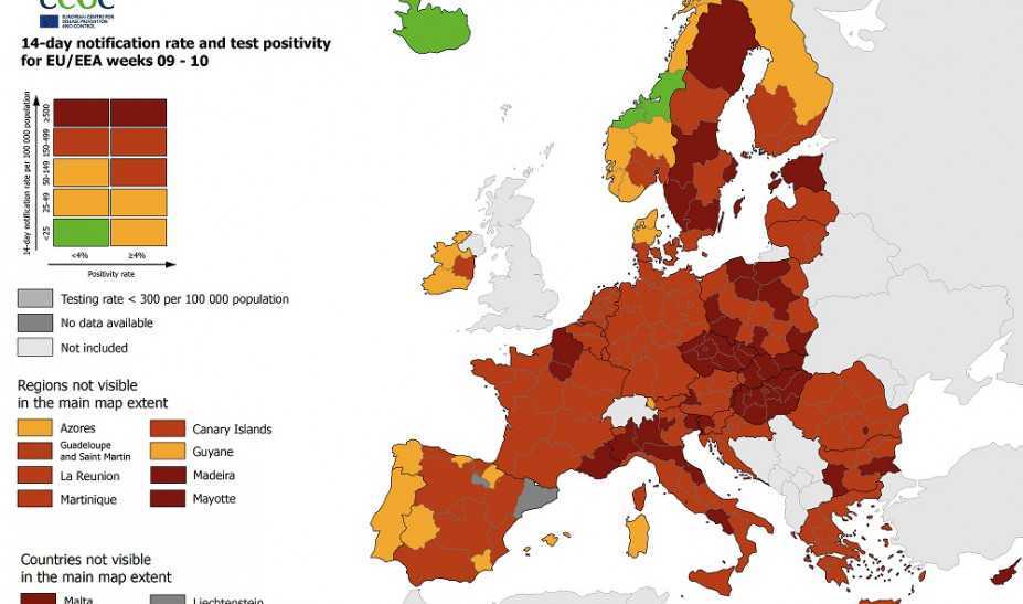 Χάρτης ECDC: «Κοκκίνισε» ολόκληρη η Ελλάδα – Έξαρση πανδημίας σε Ευρώπη