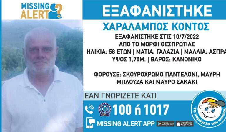 Missing alert για τον Χαράλαμπο Κοντό, από το Μορφάτι Θεσπρωτίας